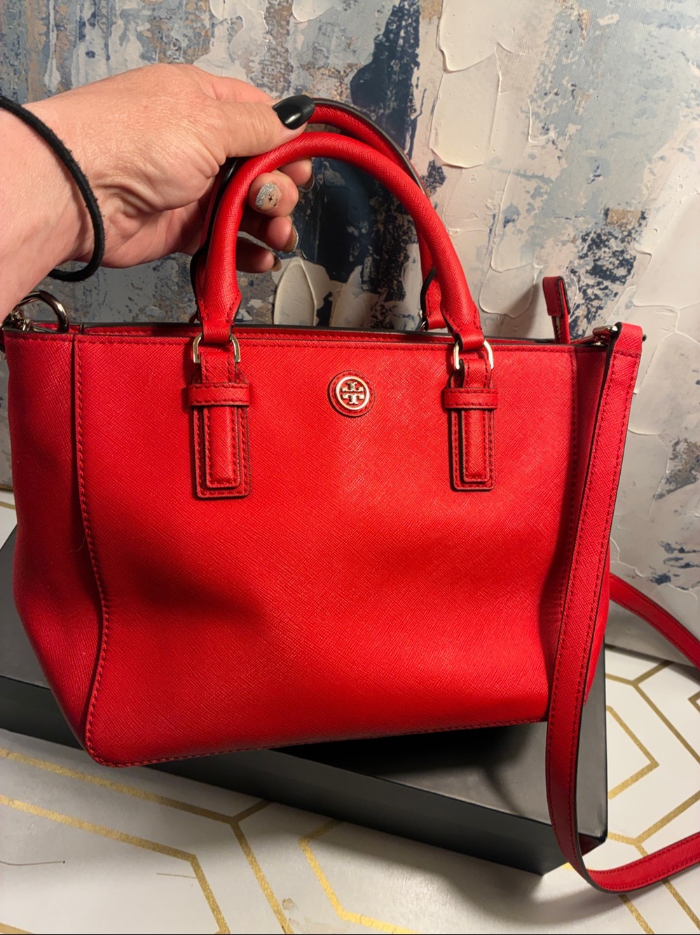 NWOT Tory Burch Bright Red Robinson Leather Satchel with Detachable Strap